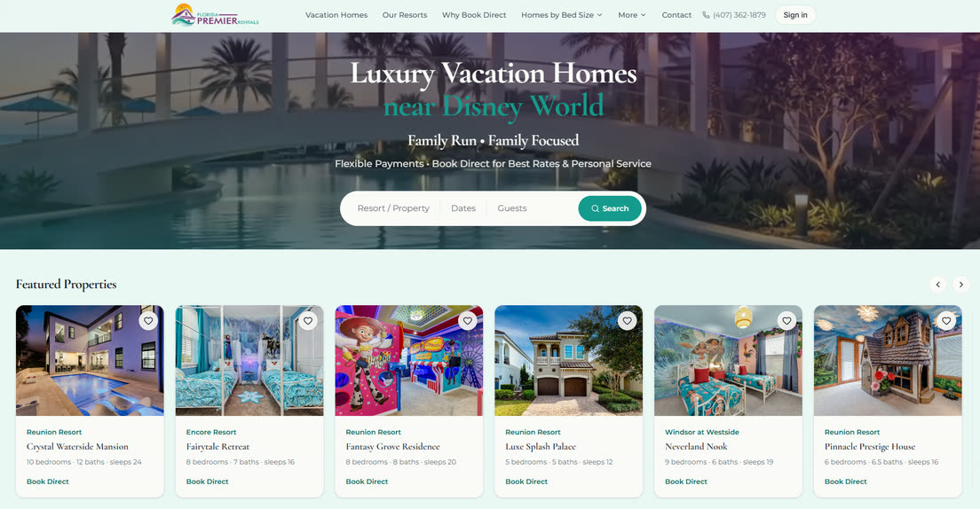 The Florida Premier Rentals home page, showing its search bar and featured properties