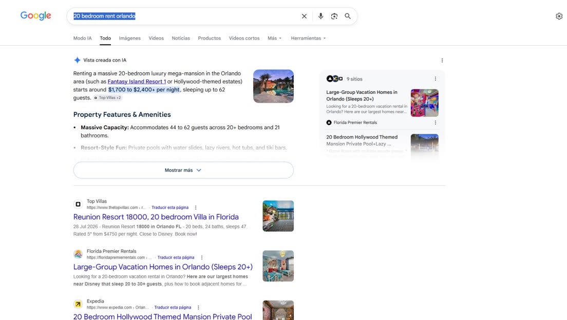 Google results for “20 bedroom rent orlando”, with Florida Premier Rentals listed above Expedia and cited in the AI overview